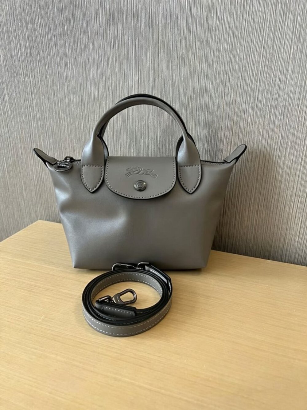 Longchamp Le Pliage XS Mini Grey Leather Trim Tote Crossbody Bag - Picture 1 of 8